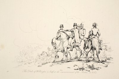 De hertog van Wellington en staf bij het begin van de slag, uitgegeven door J. Booth, 1816 door George Jones